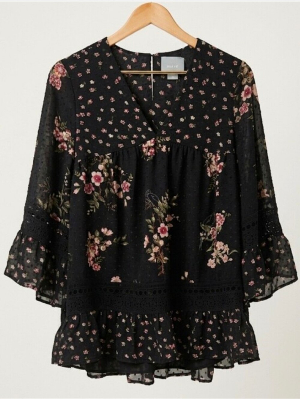 Maeve Anthropologie Black Floral Tiered Smock Blouse Top Sz Small 3/4 Sleeves
